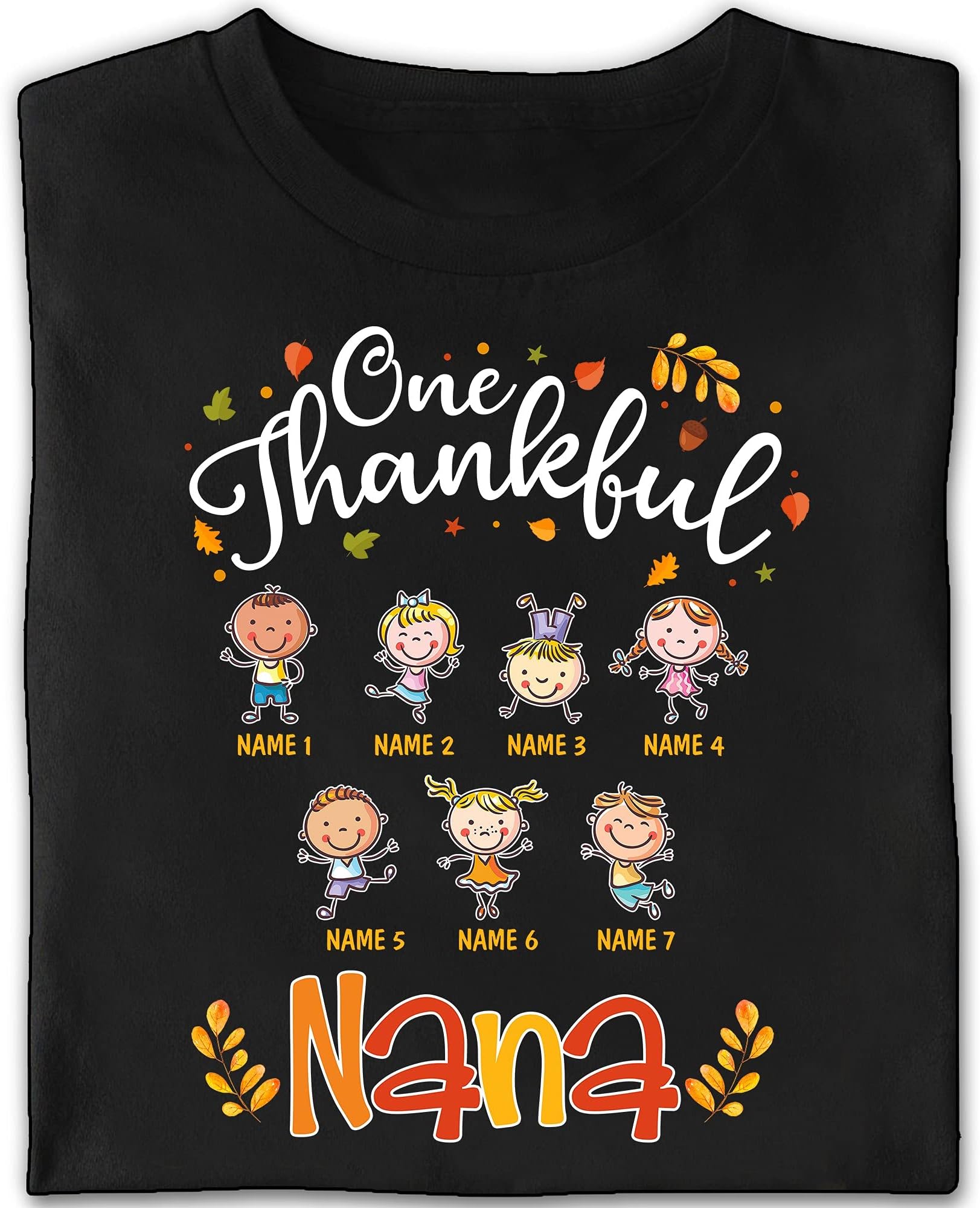 Personalized Grandma Onethankful Kids Thanksgiving T-Shirt, Customized Grandma Mom Dad Shirts with Grandkids Names Multicolored
