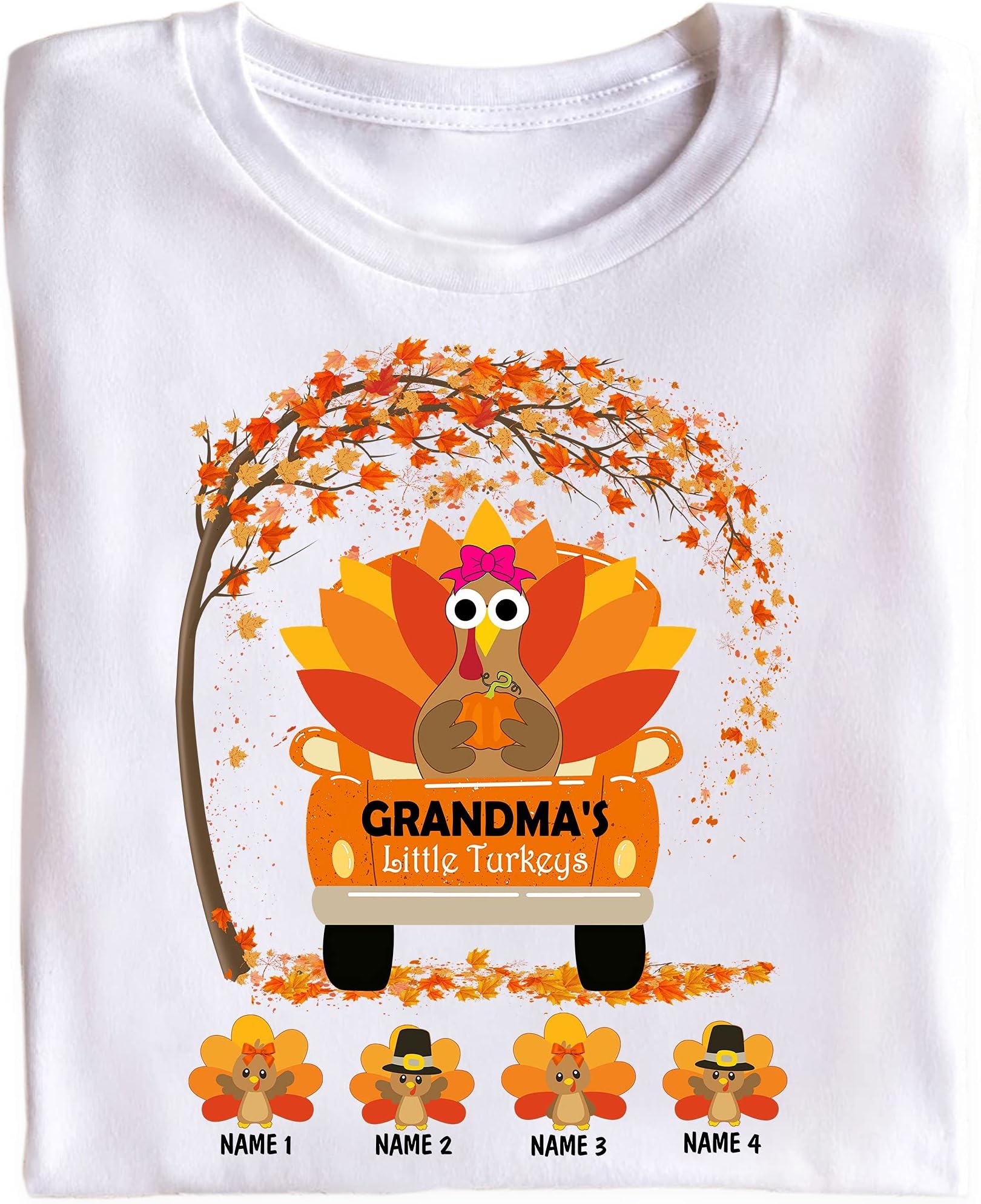 Personalized Grandma Thanksgiving T-Shirt, Customized Grandma's Little Turkeys, Grandma Mama Shirt Multicolored