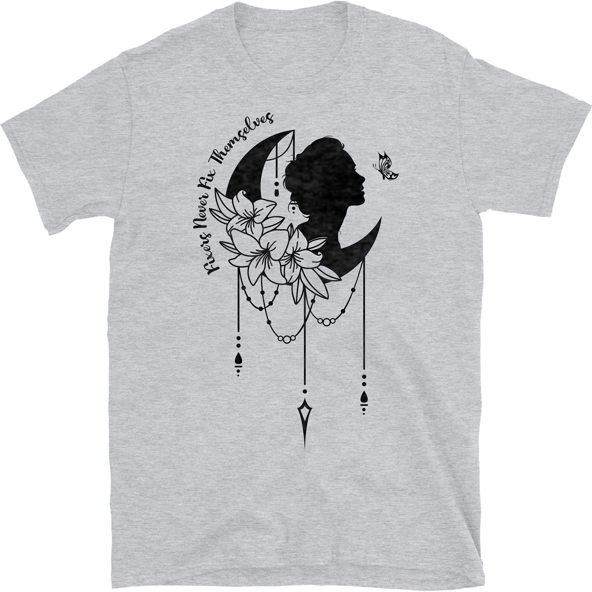Floral Crescent Moon Girl Shirt, Butterfly Feminism Tees, Shirt for Women – Sport Grey/Medium