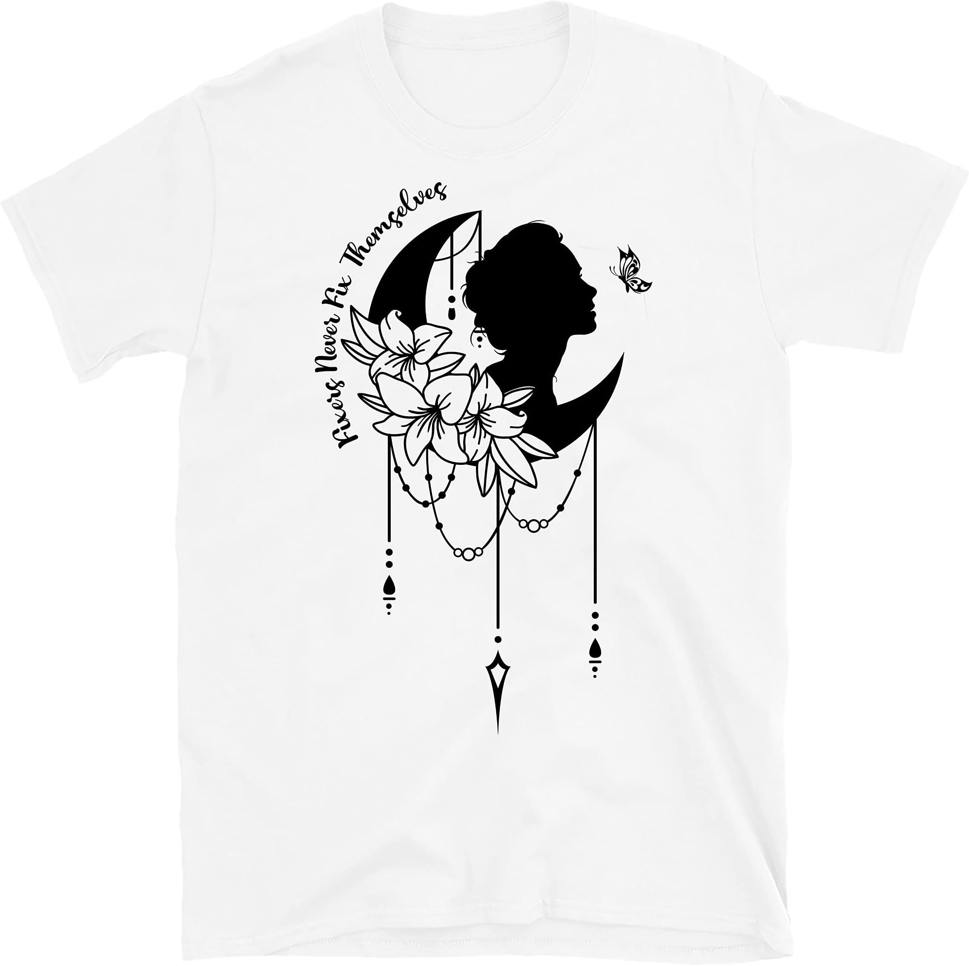 Floral Crescent Moon Girl Shirt, Butterfly Feminism Tees, Shirt for Women – White/Medium