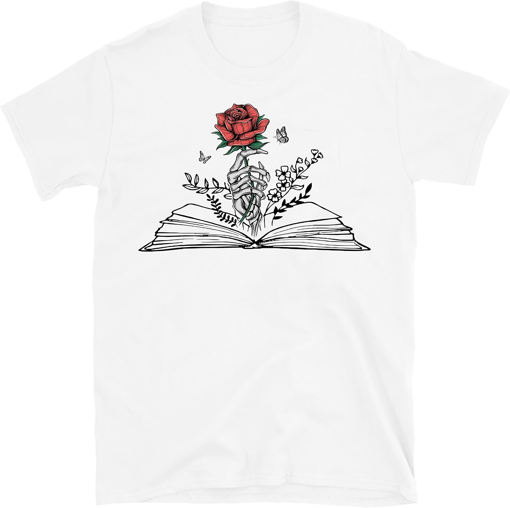 Skeleton with Rose Book Lovers Tees, Shirt for Halloween, for Friends – White/Medium