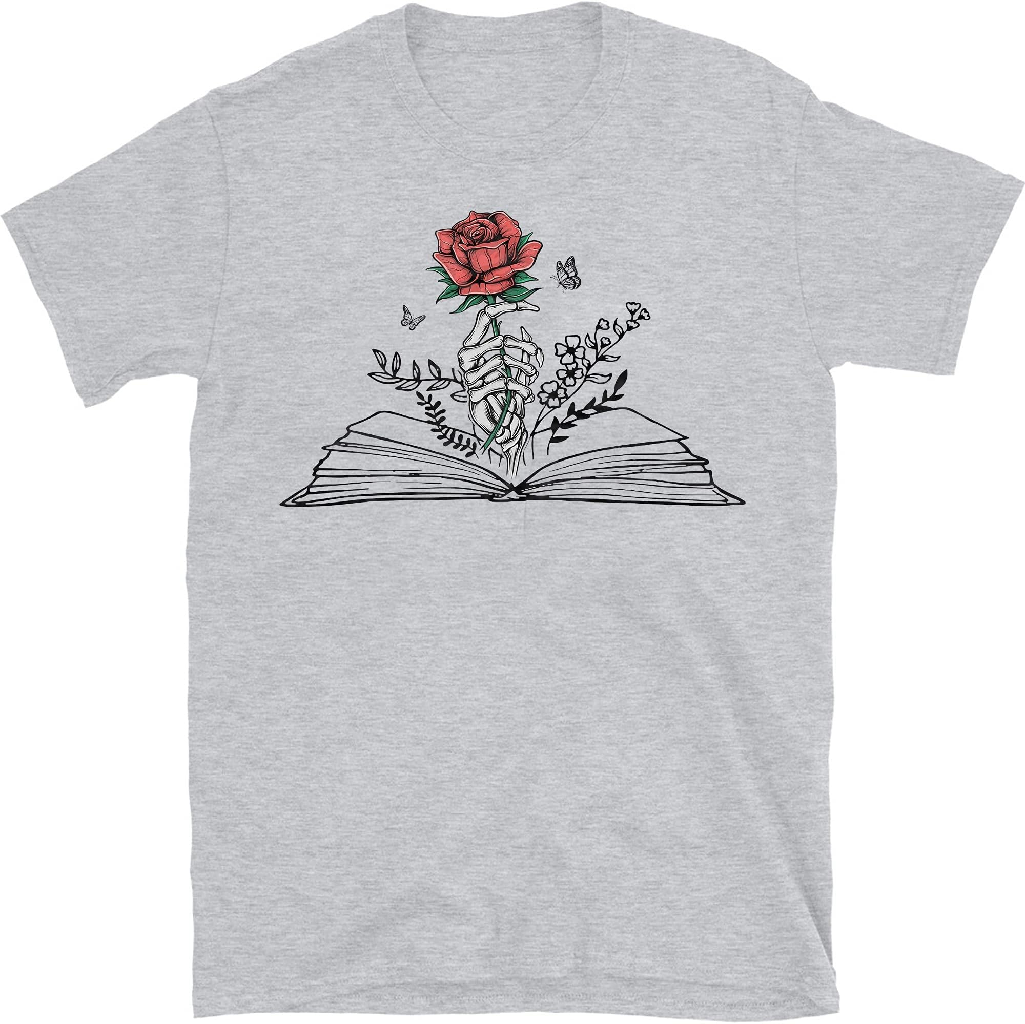 Skeleton with Rose Book Lovers Tees, Shirt for Halloween, for Friends – Sport Grey/Medium
