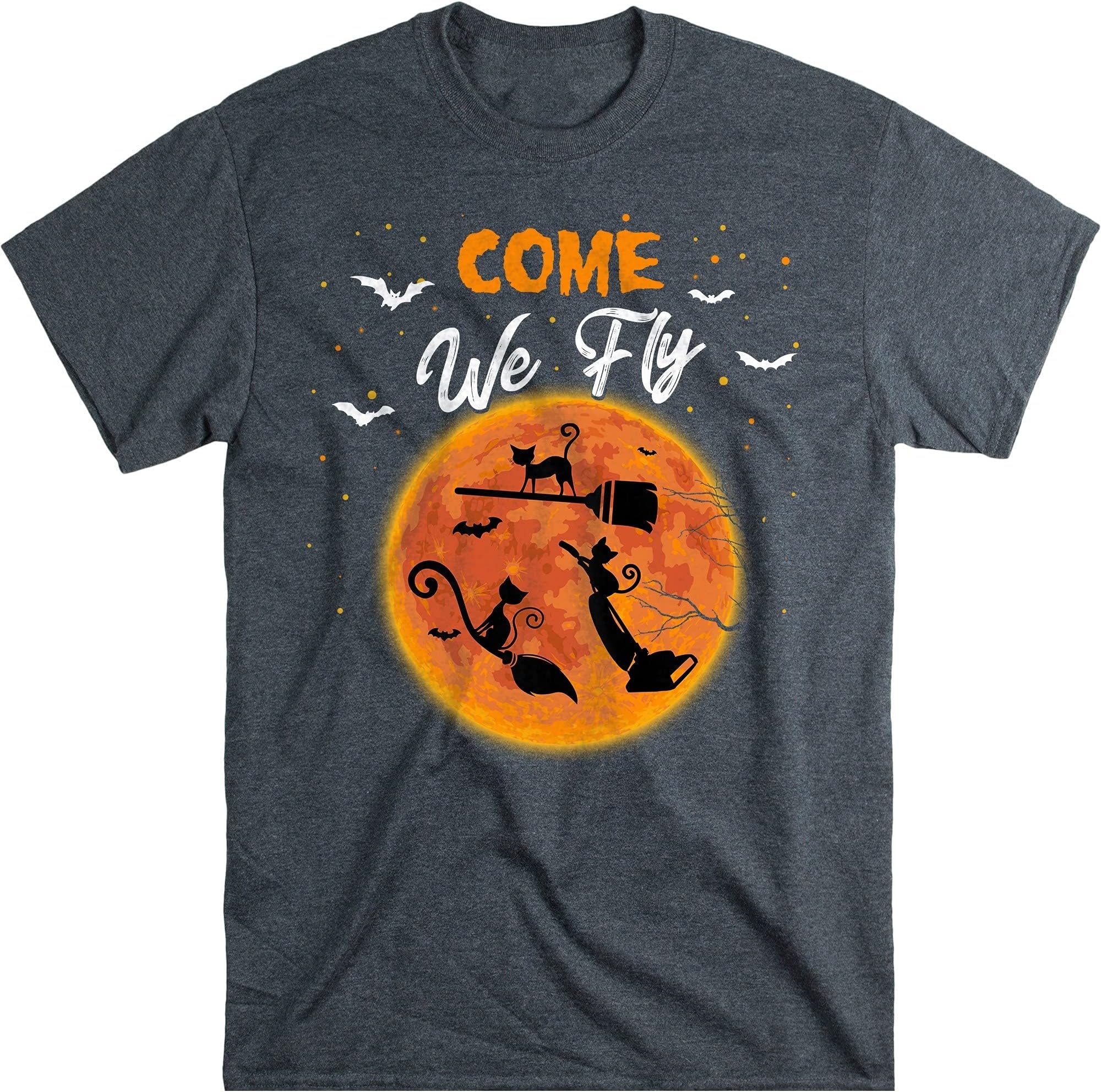 Come We Fly Black Cat On The Moon Shirt Funny Cat Halloween, Shirt for Women – Dark Heather/XX-Large