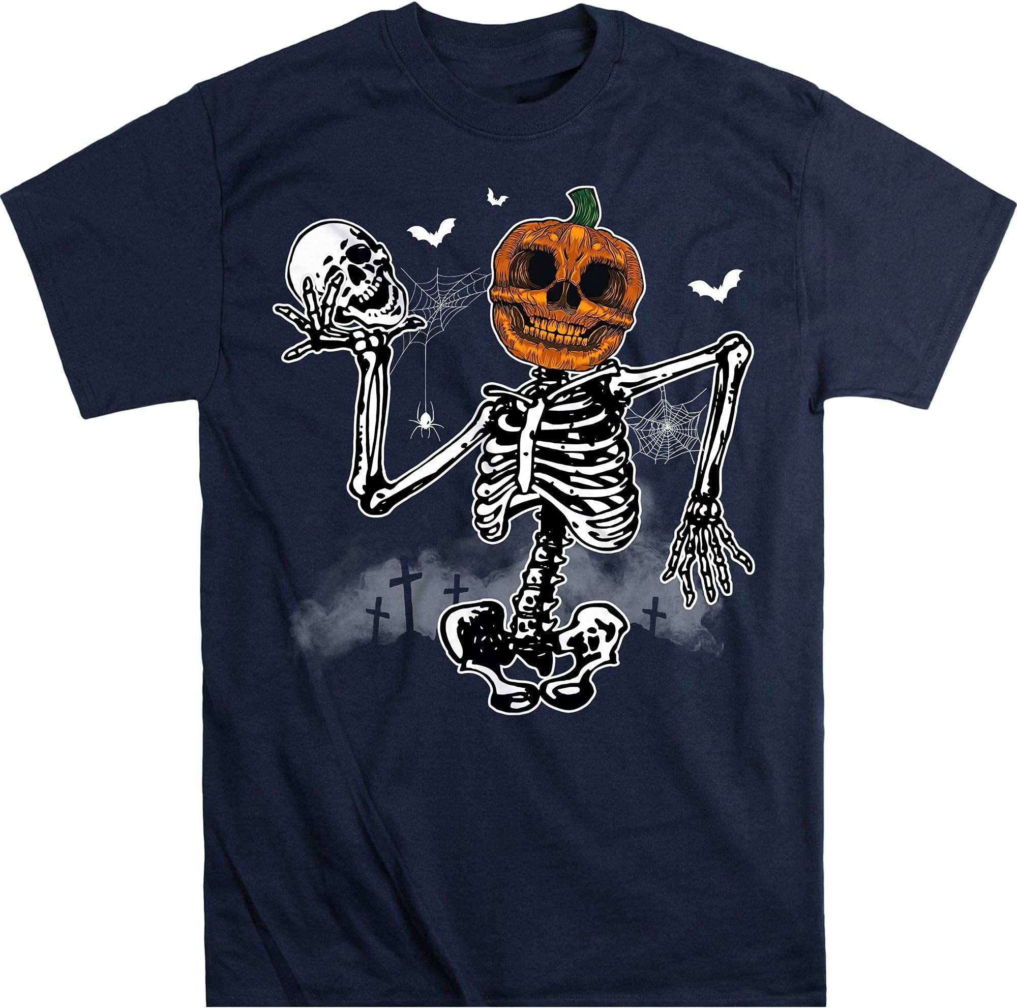 Shirt for Halloween, Funny Skeleton Pumpkin Head Shirt, Best Gift for Halloween's Events – Navy/Small