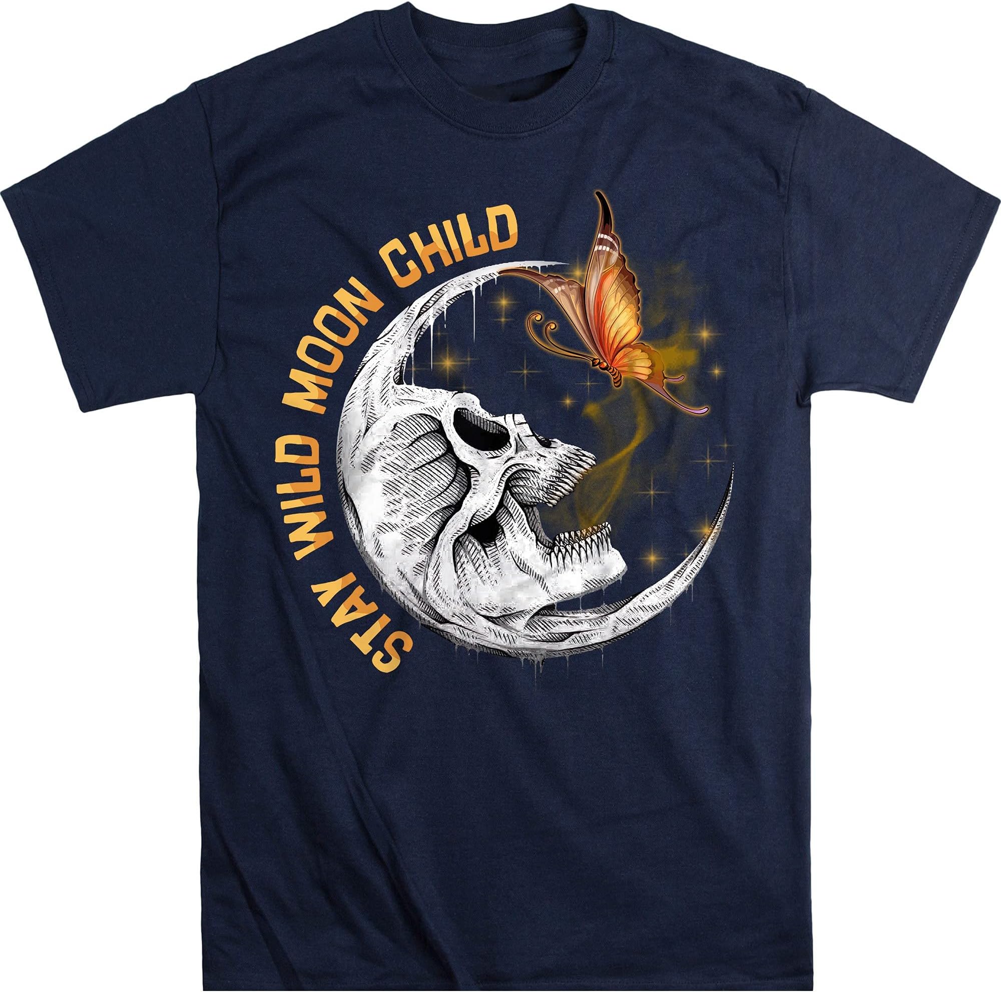 Stay Wild Moon Child Shirt, Funny Skeleton Butterfly Tees, Spiritual Shirt – Navy/Small