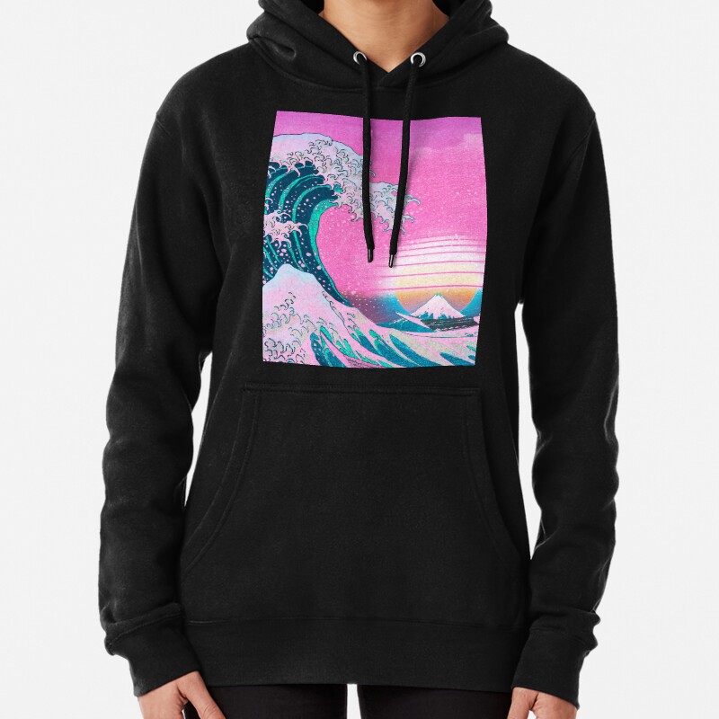 Vaporwave Aesthetic Great Wave Off Kanagawa Retro Sunset Pullover Hoodie