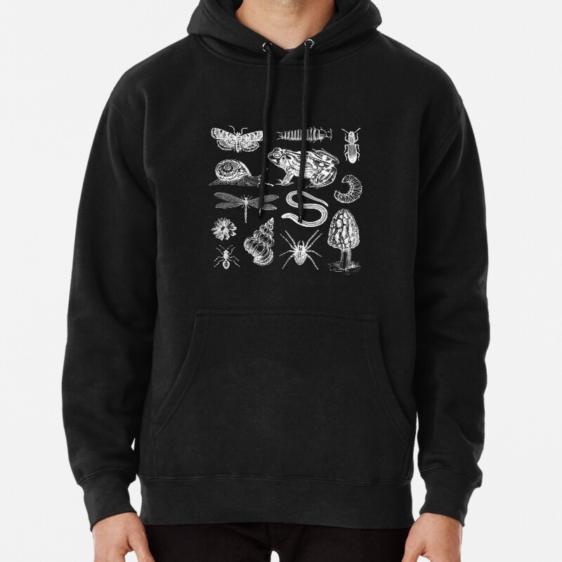 Vintage Biology Goblincore Collage Featuring Frog, Mushroom, Snail, Moth, Worm, Dragonfly, and Spider for Science and Natural History Pullover Hoodie