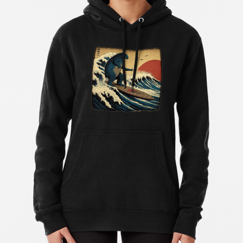 Godzilla Surfing The Great Wave by Hokusai Funny Parody Pullover Hoodie