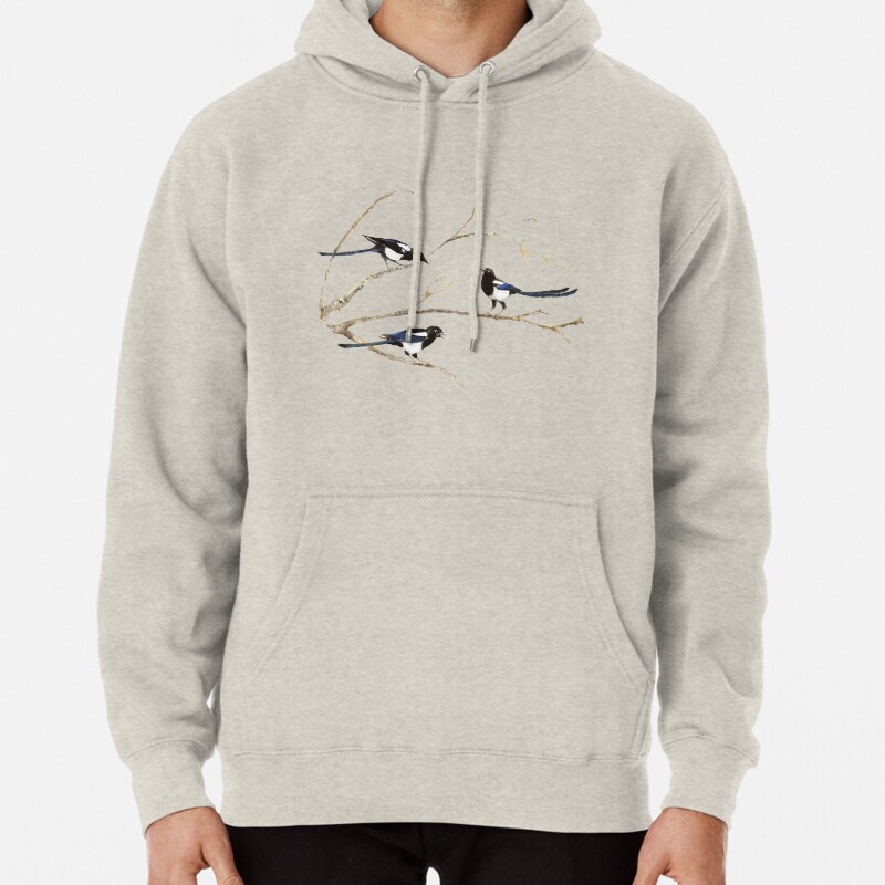 Watercolor Magpie Bird Family Pullover Hoodie