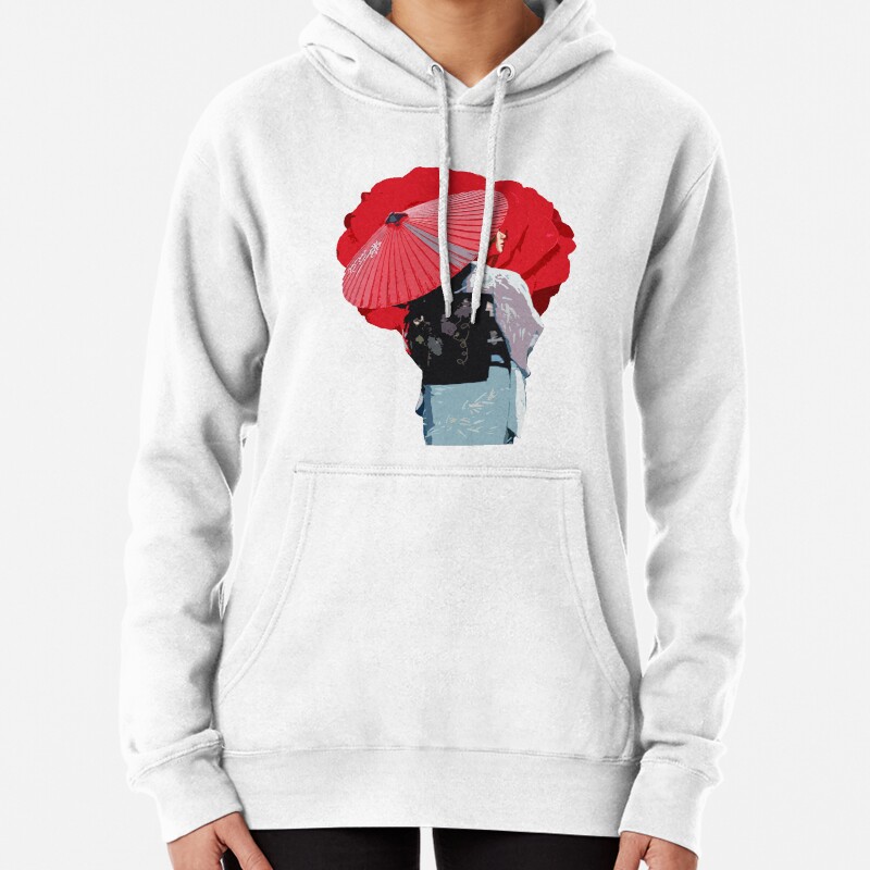 Japanese woman in front of the figure of a flower Pullover Hoodie