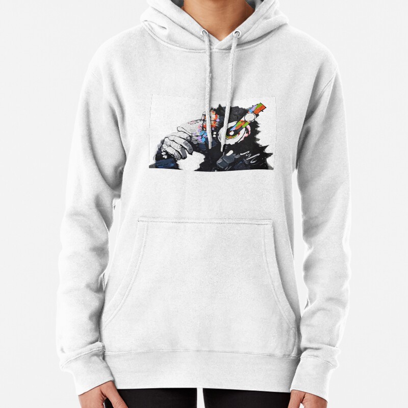 Banksy DJ Monkey Thinker with Headphones White Pullover Hoodie
