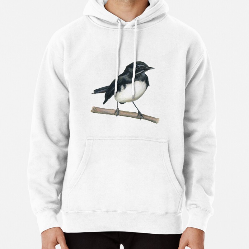 Willie Wagtail Bird Art Drawing Pullover Hoodie
