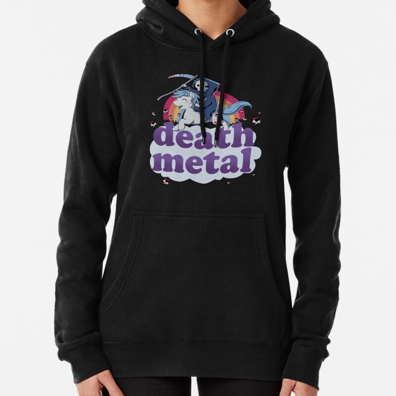 Death Metal - The Grim Reaper Riding a Unicorn in Front of a Rainbow Design! Pullover Hoodie