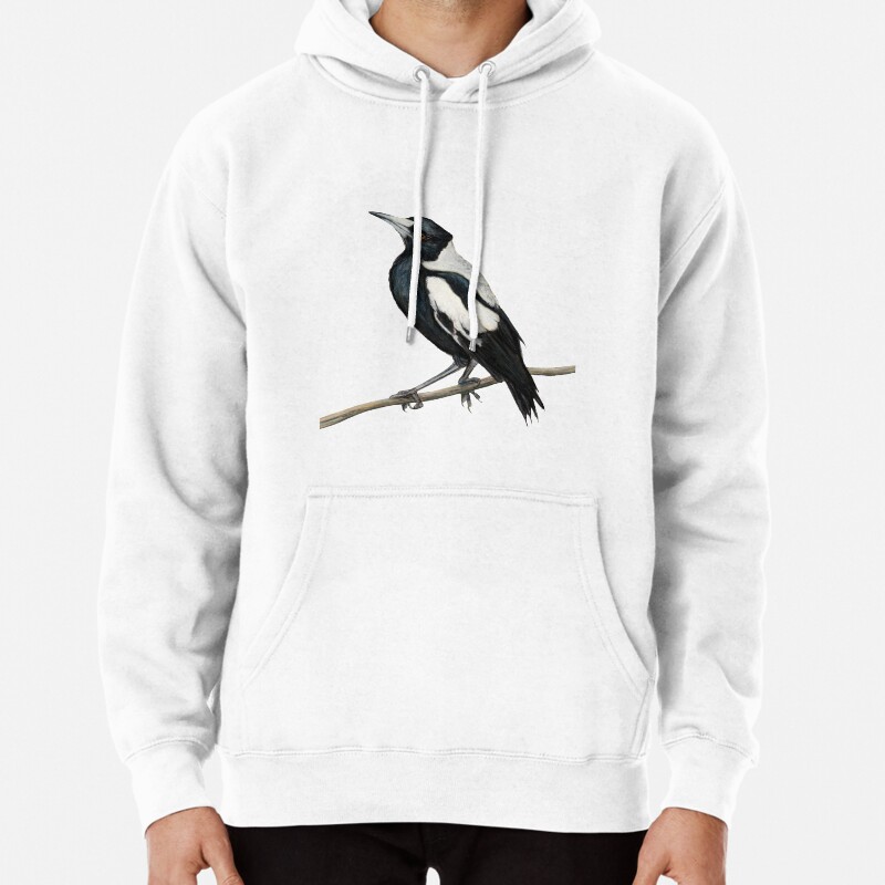 Magpie art 2 no signature white background version, Australian Magpie bird, bird art, drawing, Australiana, black and white Pullover Hoodie