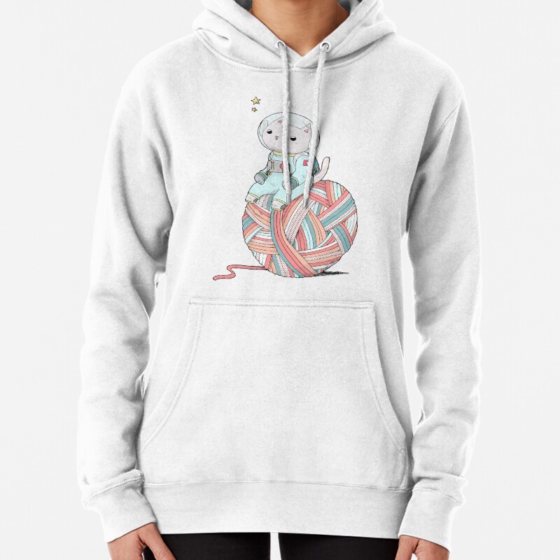 Space Cat on Planet Yarn Ball Pullover Hoodie