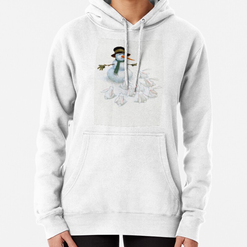 Snowman with Carrot Nose Facing Hungry Bunnies Pullover Hoodie