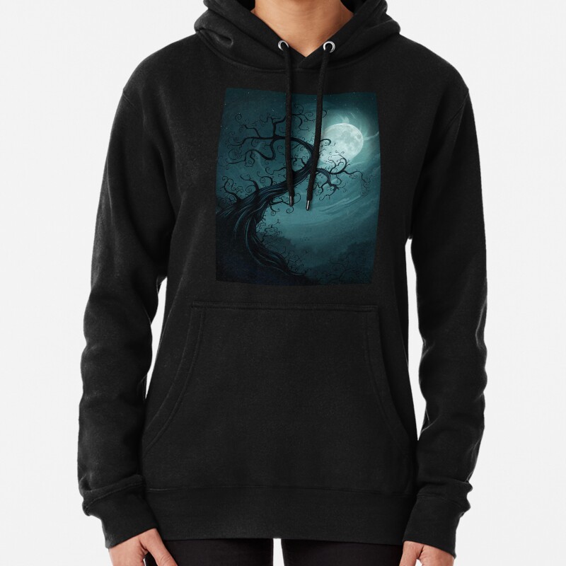 A twisted tree silhouette against a full moon in a night sky Pullover Hoodie