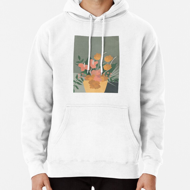 Sage Green, Potted Floral Art, Minimalist Botanical Pullover Hoodie