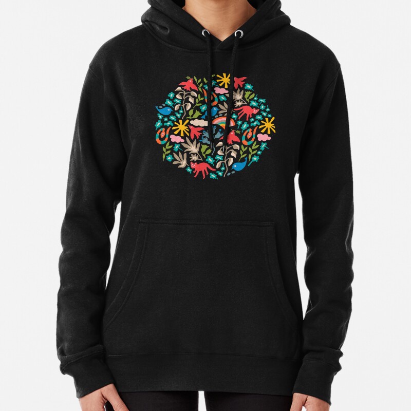 LAND OF PLENTY Cute Fun Eco Nature Pattern with Birds Animals Flowers Rainbow Sun Clouds in Bright Multi-Colours on Dark Teal - UnBlink Studio by Jackie Tahara Pullover Hoodie