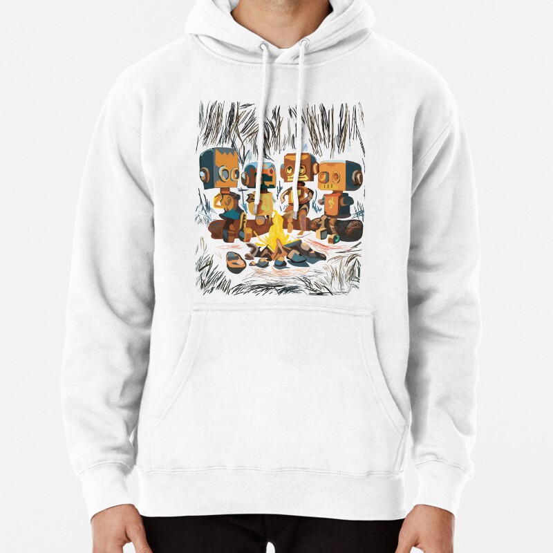 Sitting Robots in a Camp Fire Pullover Hoodie