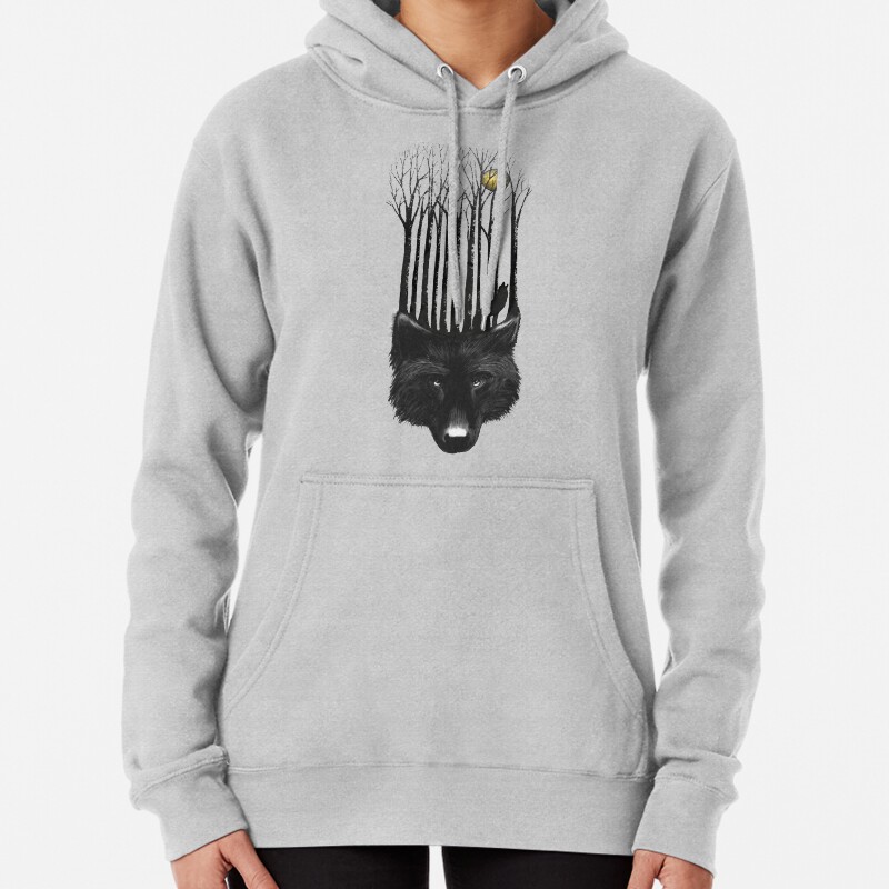 BLACK WOLF BARCODE in the woods illustration Pullover Hoodie
