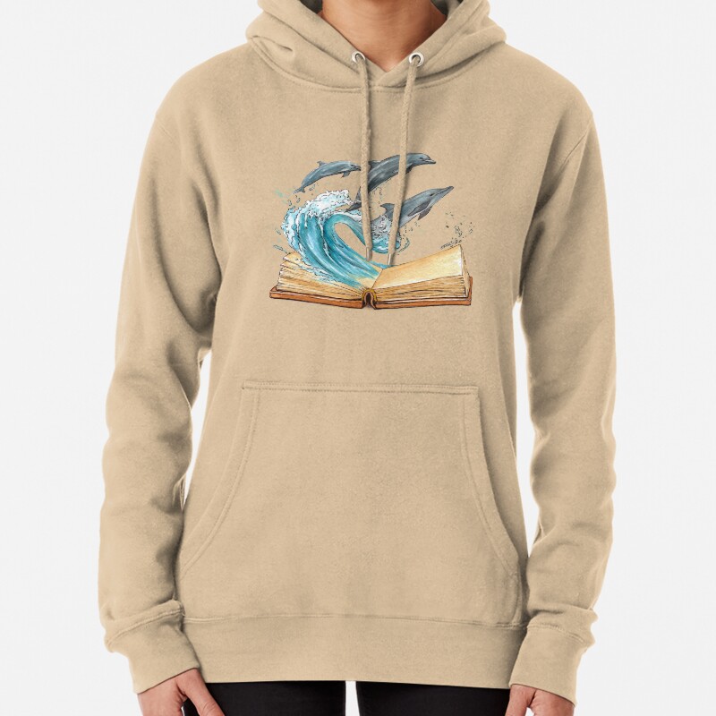 Dolphins jumping from old book Watercolor illustration Pullover Hoodie