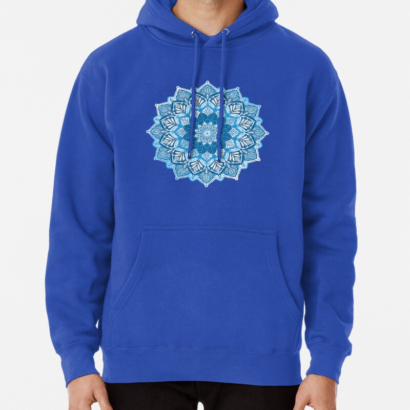 Boho Mandala in Monochrome Blue and White Pullover Hoodie