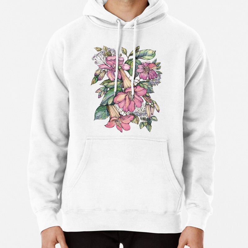 Red Trumpet Vine flowers on blue Pullover Hoodie