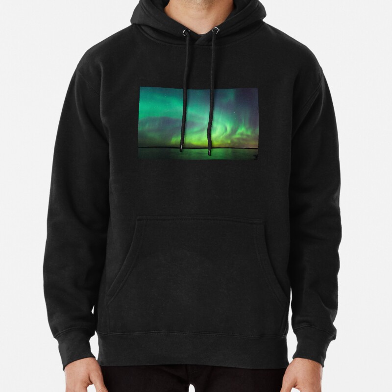 Northern lights over lake in Finland Pullover Hoodie