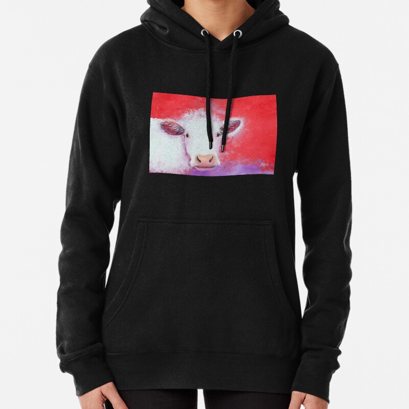 White Cow painting on red background Pullover Hoodie
