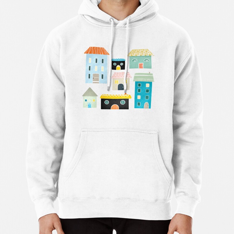 Cute Blue and Yellow House and Home Illustrations Pullover Hoodie
