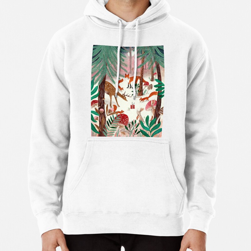 Whimsical woodland animals forest in the snow Pullover Hoodie