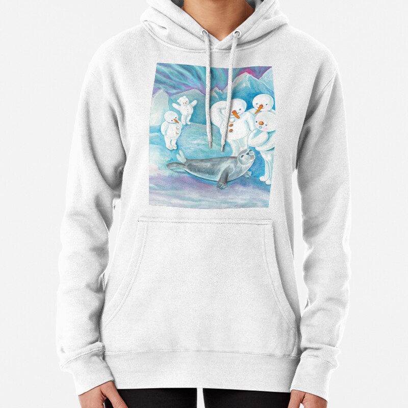 Happy Seal on Ice and Snow Talking to Five Cute Snowmen Pullover Hoodie