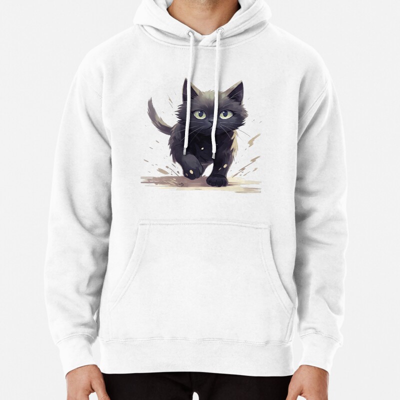 Little black street cat, cute cat in anime style Pullover Hoodie