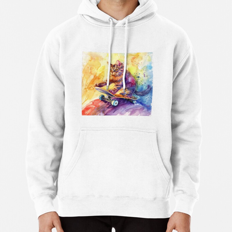 Cartoon Cat Skateboarding Pullover Hoodie