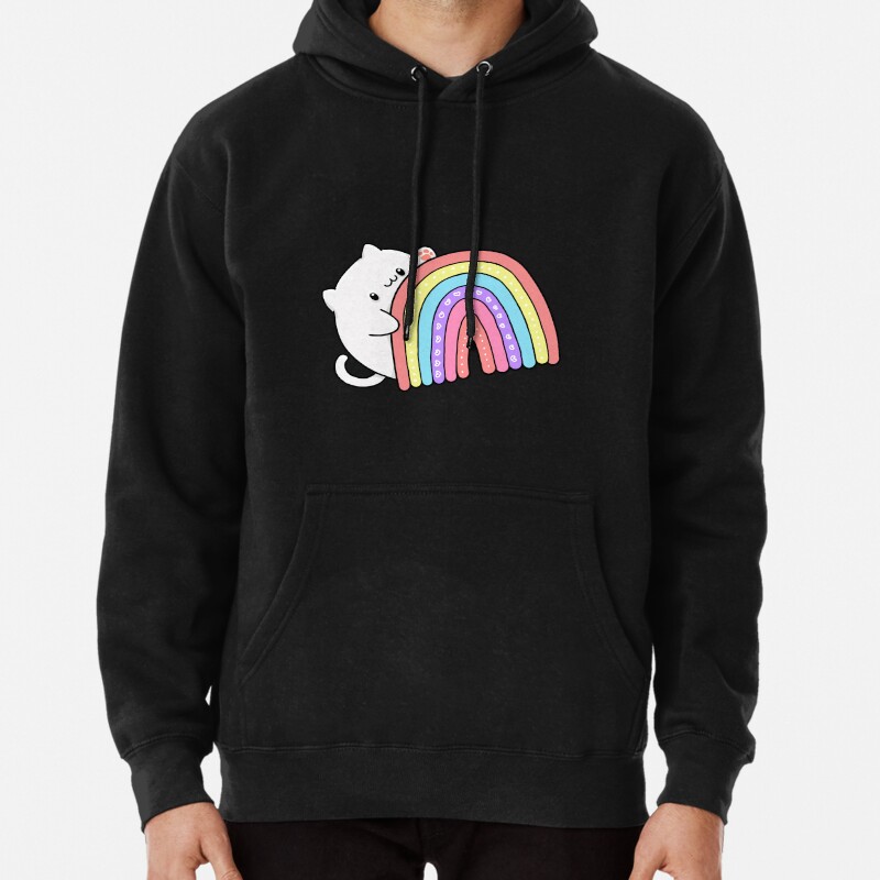 Cute Chubby Chonky White Cat and Pastel Color Rainbow Pullover Hoodie