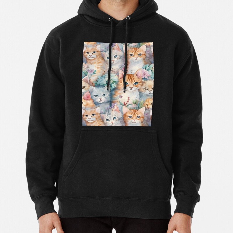 Cute Cats Fantastic Animals Cat Lover Floral Watercolor Pattern Pullover Hoodie