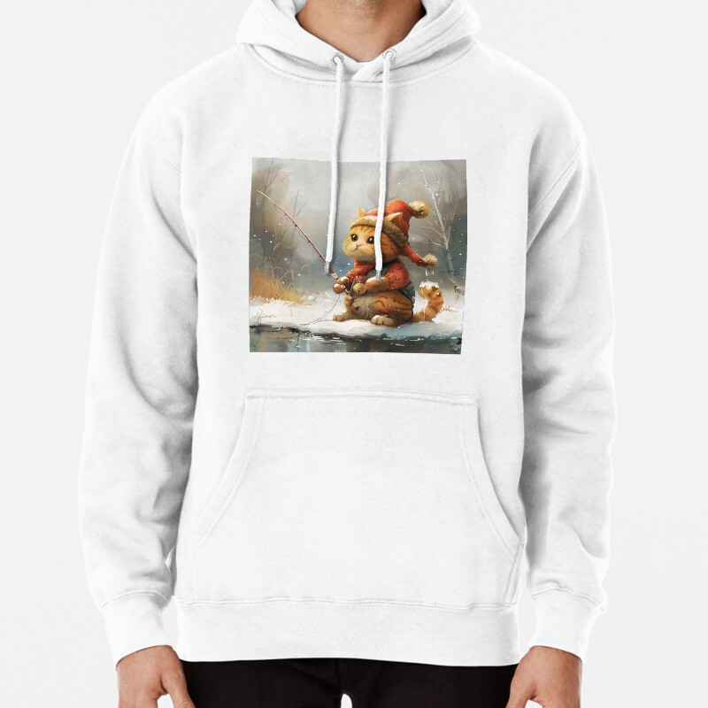 Cartoon Cat Ice Fishing Pullover Hoodie