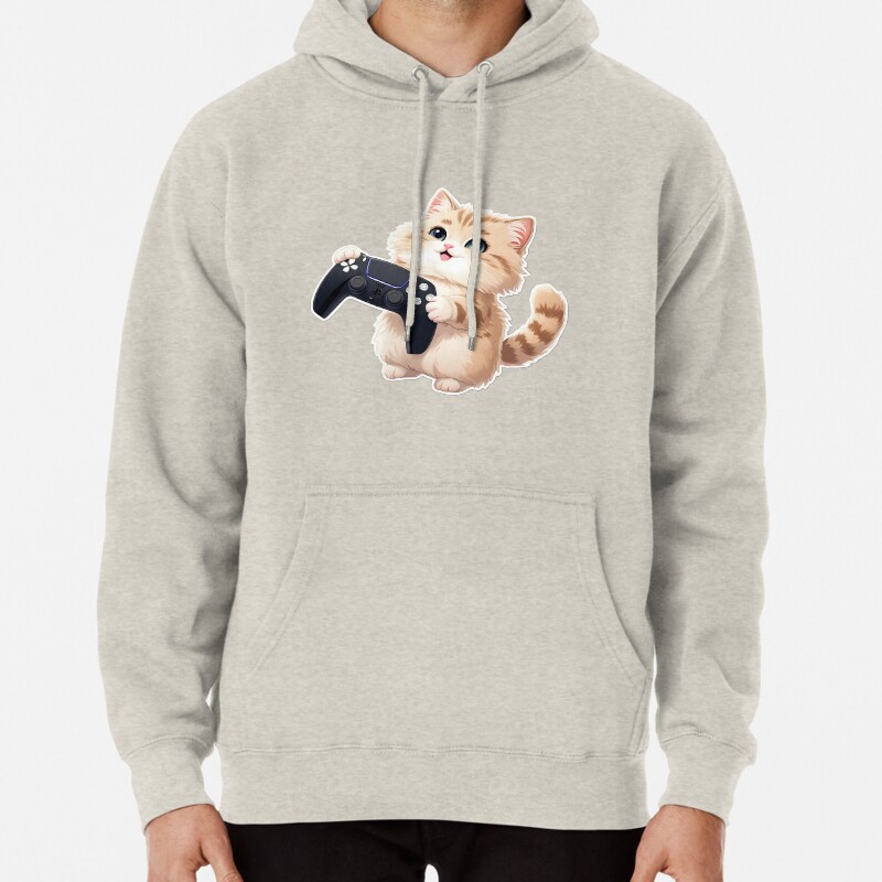 Cute cat playing with controller Pullover Hoodie