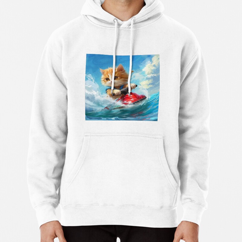 Cartoon Cat in Jet Ski on the open Waters Pullover Hoodie