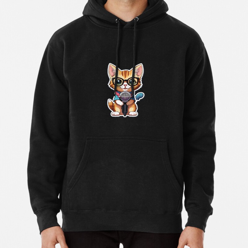 Cute Orange Cat with Glasses Holding a Mic Pullover Hoodie