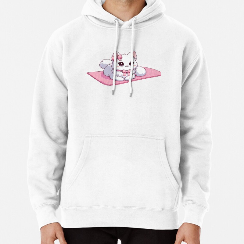 Cute White Cat with Pink Bows on Mat Pullover Hoodie