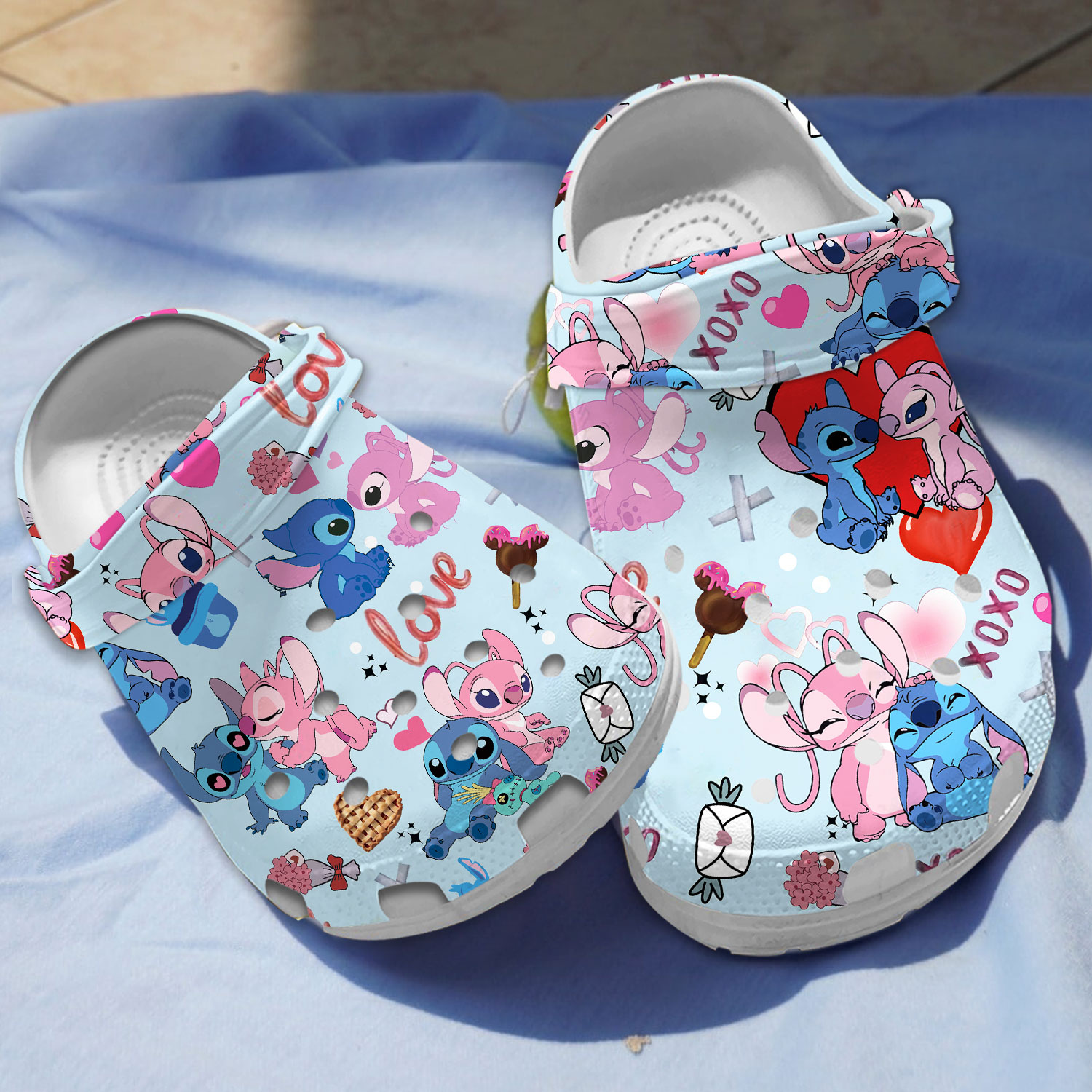 Love Couple Stitch And Angel Blue, Love Couple Stitch Crocs Clogs