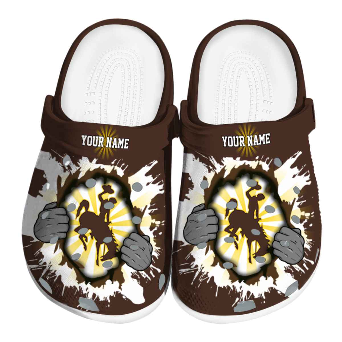 Wyoming Cowboys Gripping Hand, Wyoming Cowboys Gripping Crocs Clogs