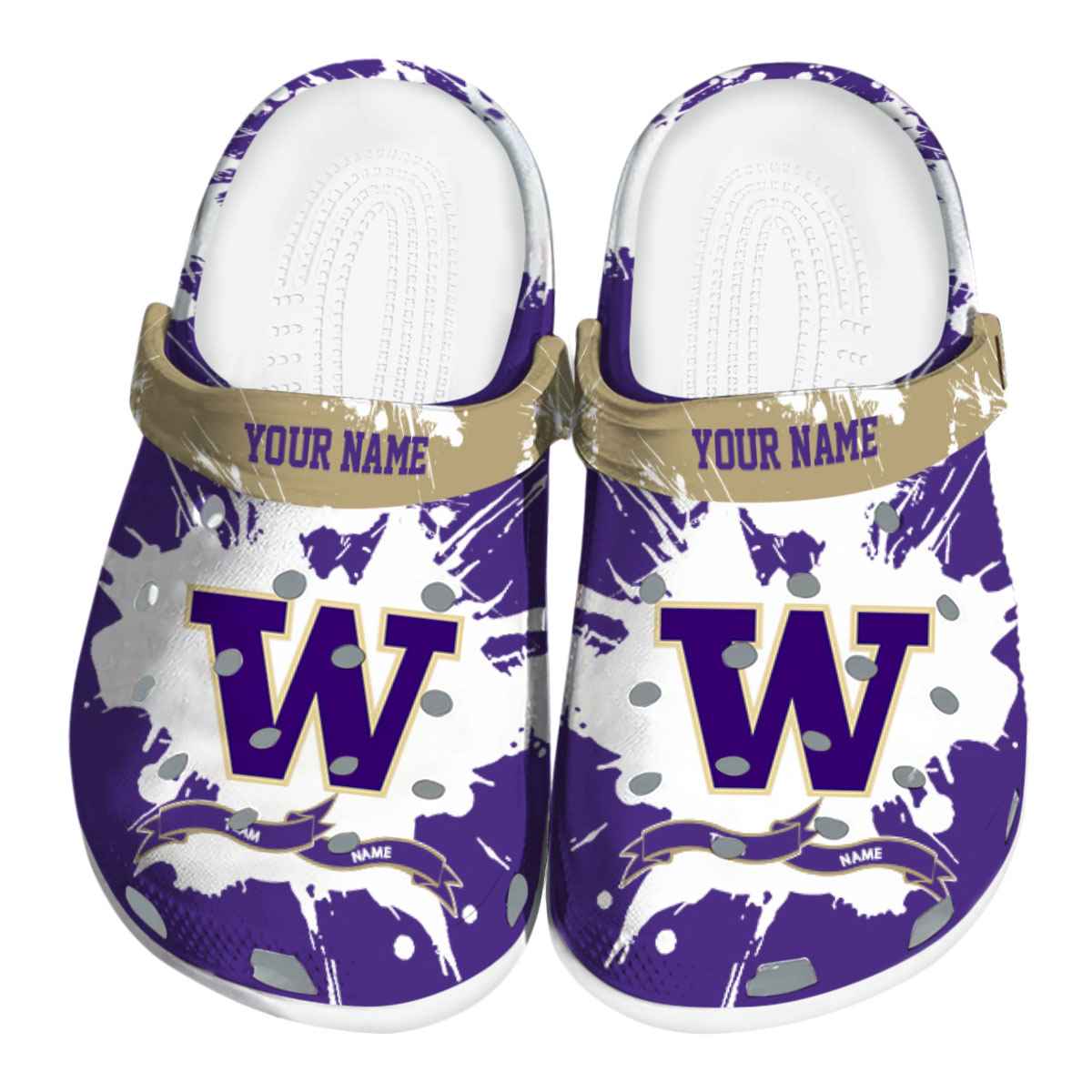 Washington Huskies Splatter Pattern, Washington Huskies Splatter Crocs Clogs
