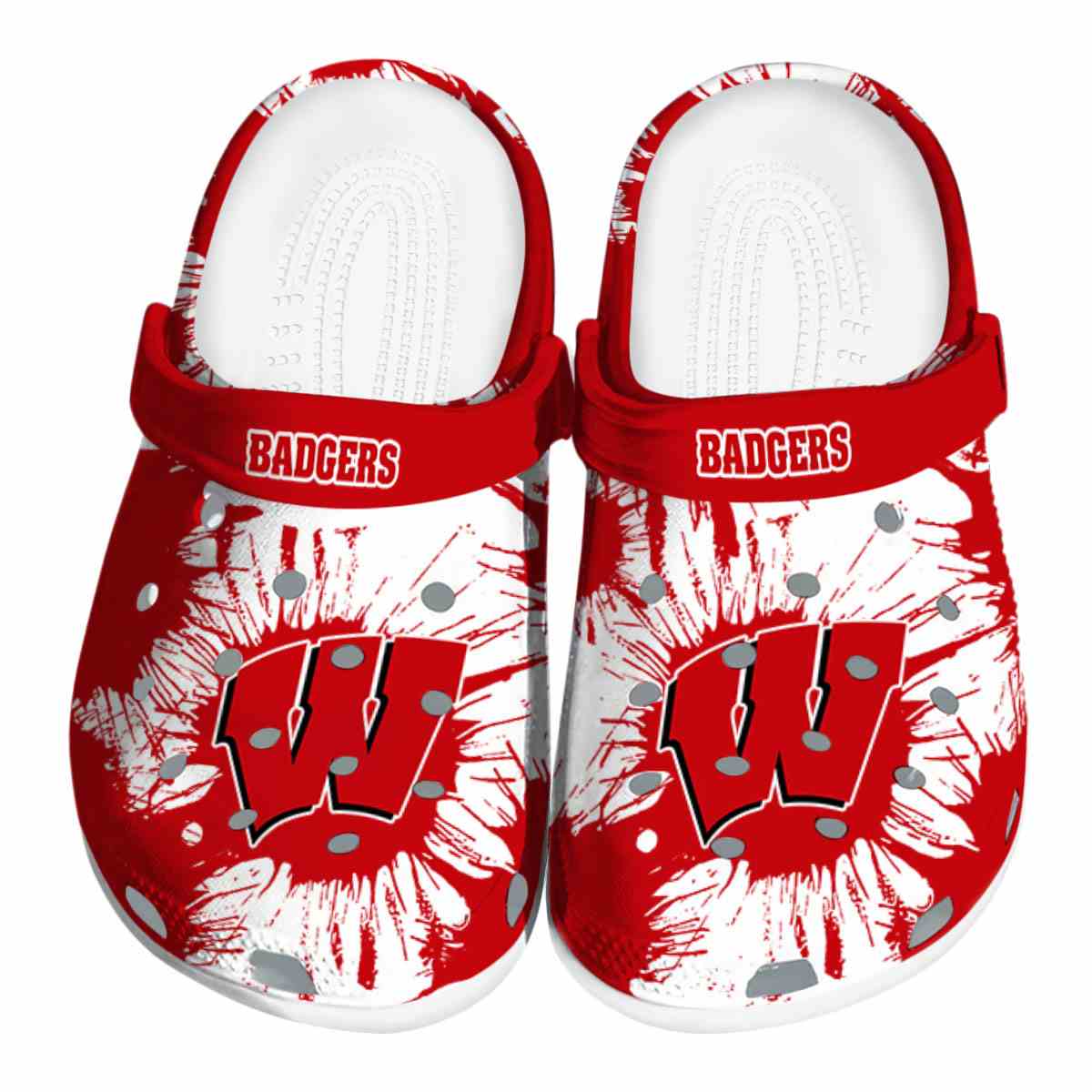 Wisconsin Badgers Splatter Graphics, Wisconsin Badgers Splatter Crocs Clogs