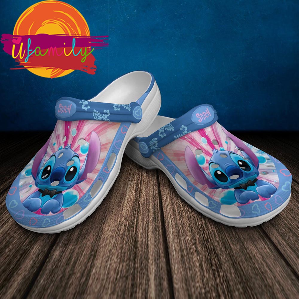 Stitch Floral Heart Patterns Blue Pink Graphic Cartoon, Stitch Floral Heart Clogs