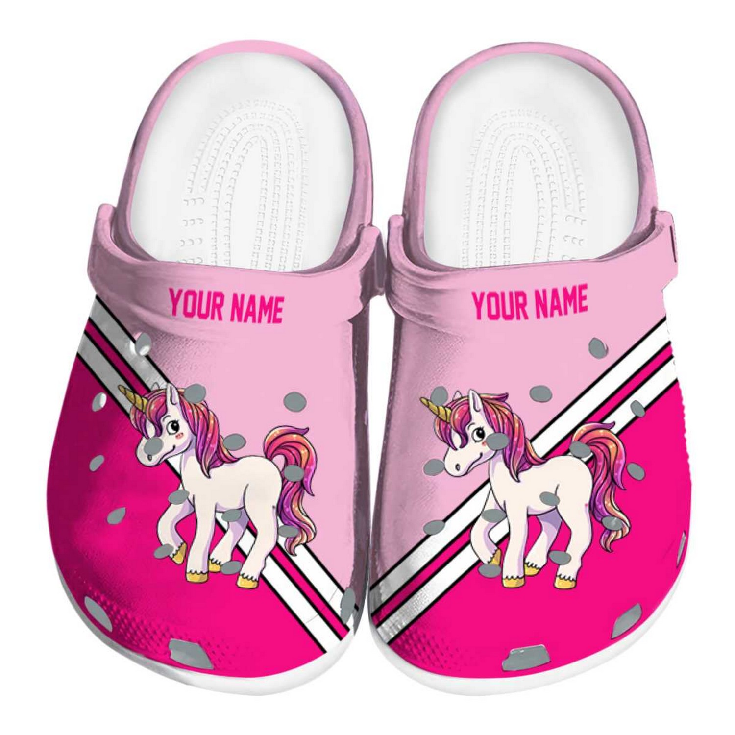 Custom Name Unicorn Striped Accents Crocs Clogs For Men Women and Kids
