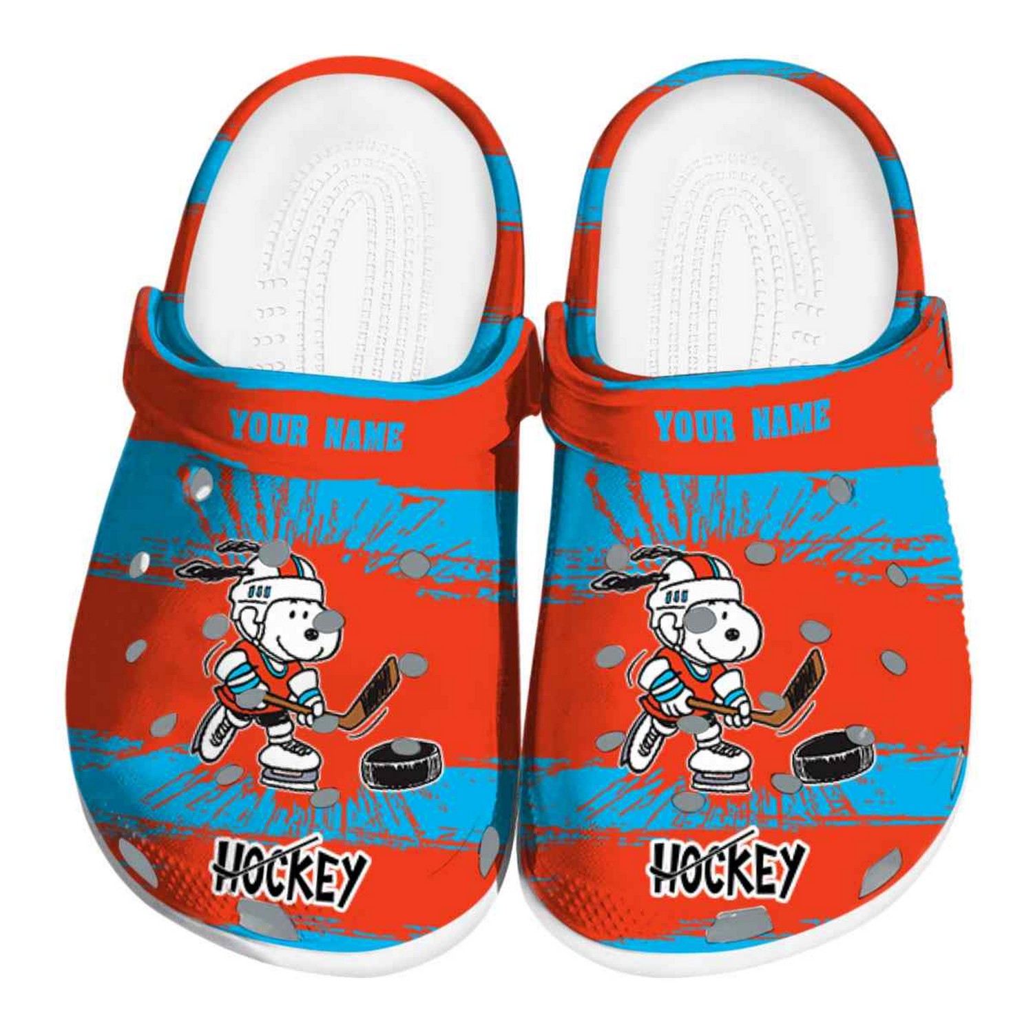 Custom Name Snoopy Hockey Paint Splatter Graphics, Custom Name Snoopy Crocs Clogs For Men Women and Kids
