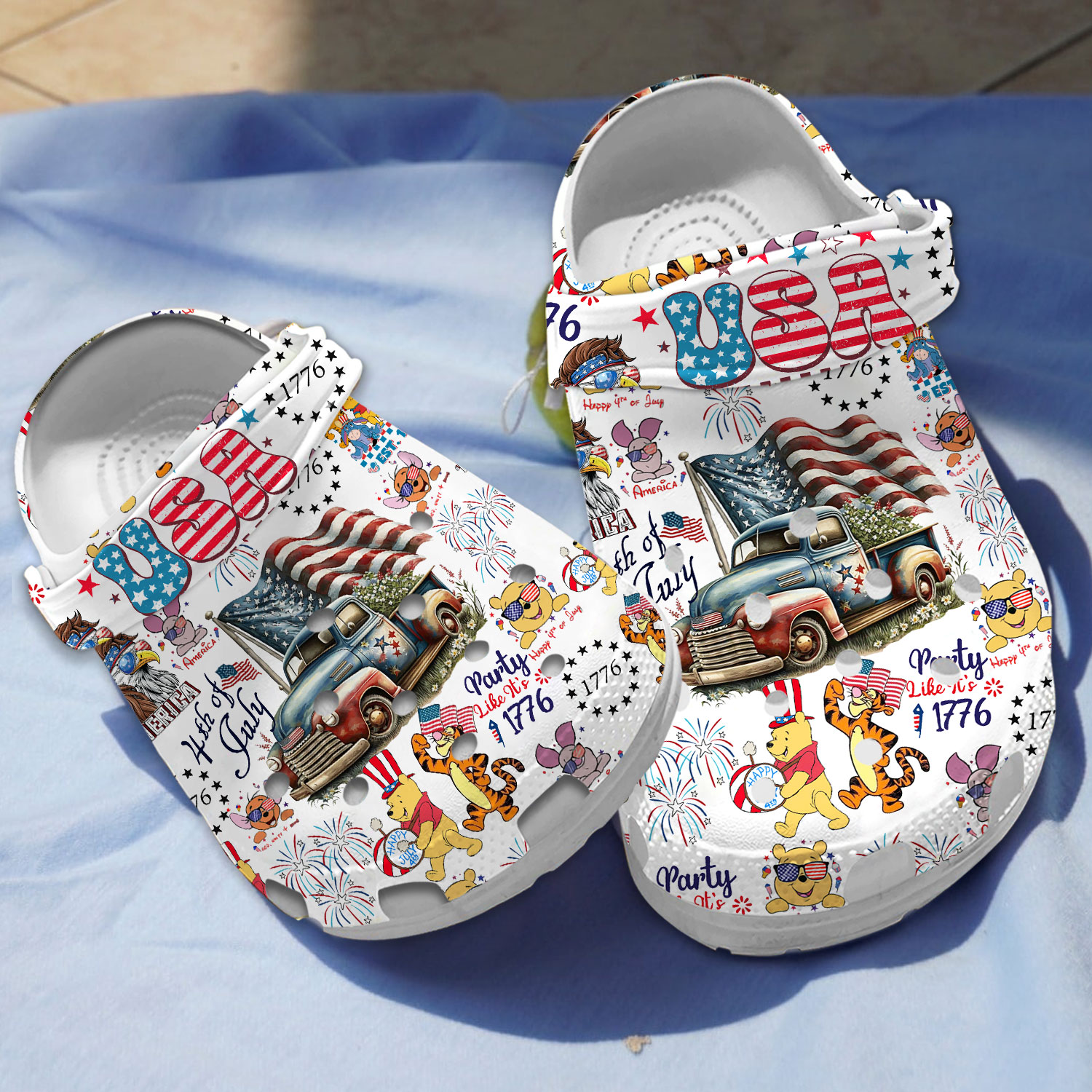 Happy 4th Of July With Winnie The Pooh White Crocs Clogs For Men Women and Kids
